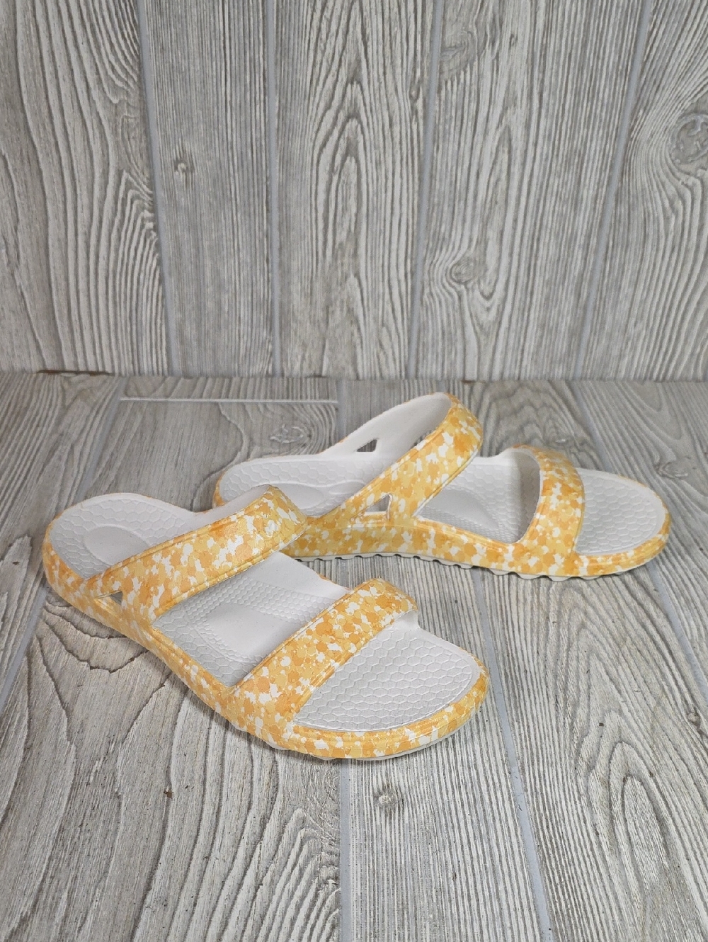 Spenco Fusion Slim Slide Sandals Yellow Floral Womens Size 8 NEW